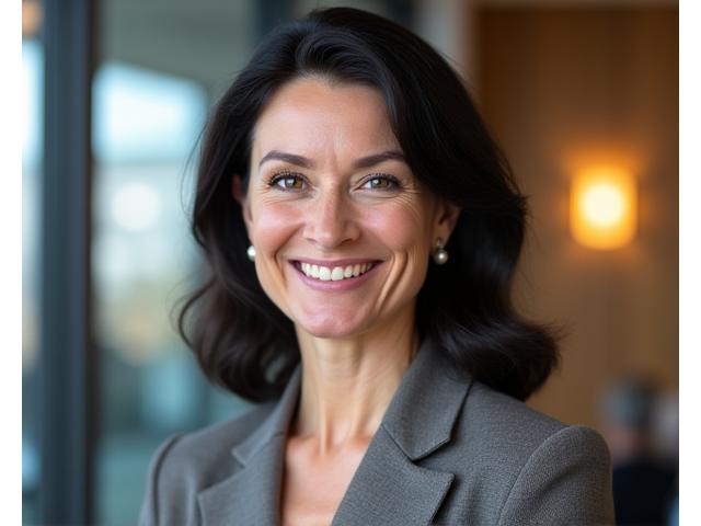Porträt von Professorin Lena Meier, einer dynamischen Geschäftsstrategin, die selbstbewusst lächelt.