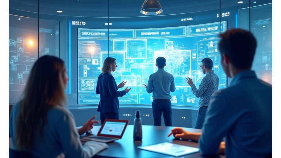 Illustration einer dynamischen Lernumgebung mit digitalen Werkzeugen, kollaborativer Interaktion und praktischer Problemlösung.
