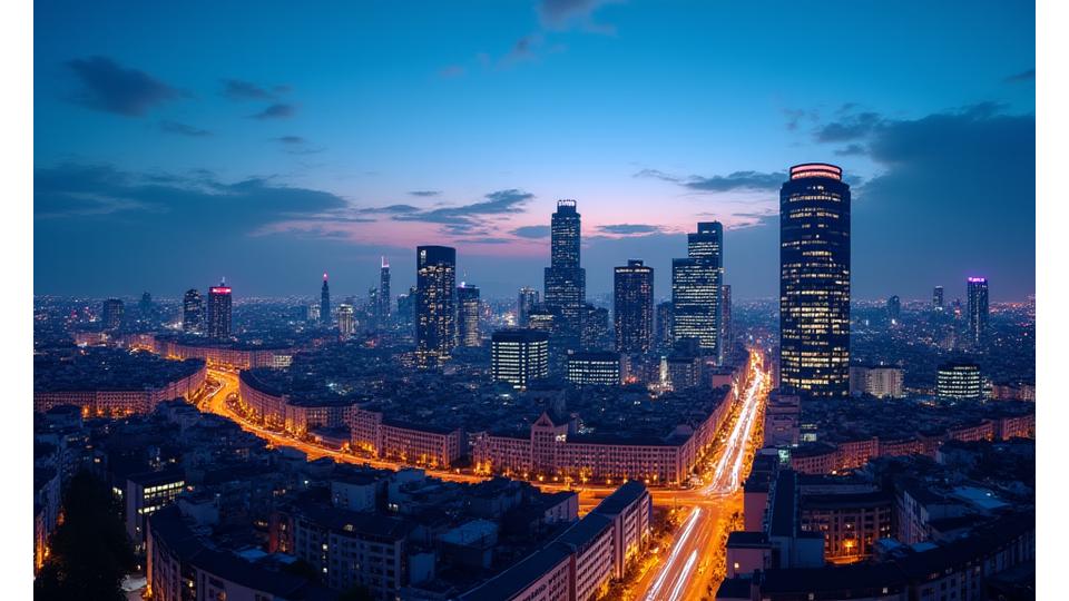 Panoramablick auf die moderne Skyline von München mit dezent überlagerten Netzwerkverbindungslinien, die die geschäftliche Konnektivität symbolisieren.