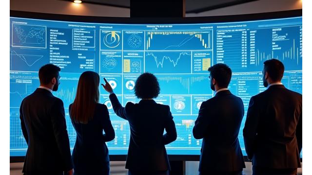 Finanzdatengrafiken auf einem Bildschirm, mit einem vielfältigen Team, das an der Finanzstrategie zusammenarbeitet.