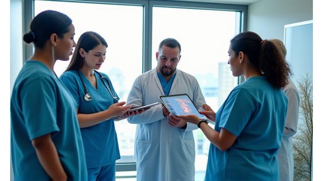 Medizinisches Fachpersonal in einer modernen Krankenhausumgebung diskutiert gemeinsam Patientendaten.