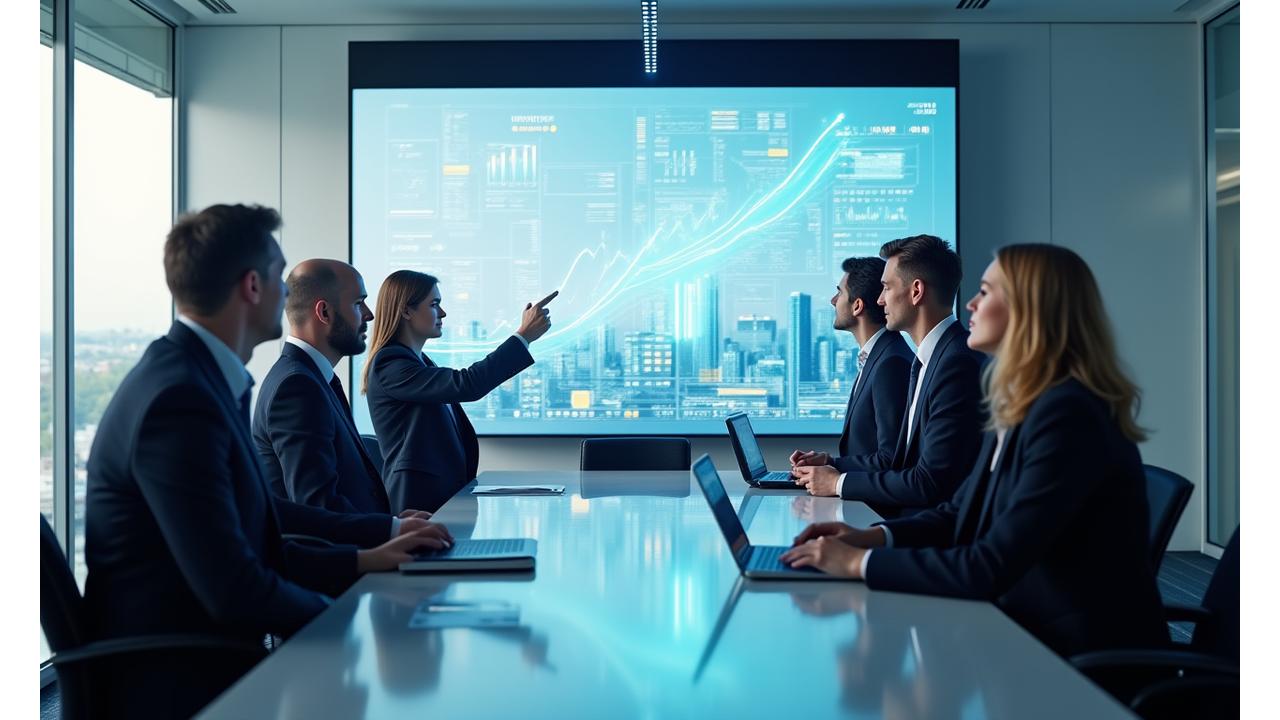 Führungskräfte arbeiten in einem modernen, gut beleuchteten Sitzungssaal zusammen und zeigen auf ein digitales Display mit Wachstumsmetriken.