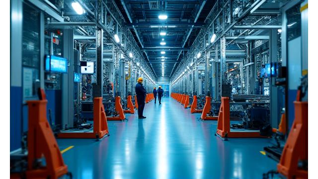 Moderne Fabrikhalle mit automatisierter Maschinerie, die die Bereitschaft für Industrie 4.0 betont.
