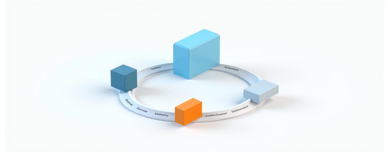 Infografik, die einen fünfstufigen Prozess veranschaulicht: Bewertung, Design, Lieferung, Messung, Optimierung, verbunden durch Pfeile.