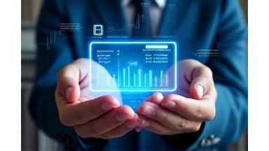 Futuristic hand interacting with a digital interface showing financial data and currency symbols, representing digital banking.