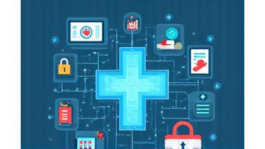 Stylized medical crosses and abstract data points, symbolizing telemedicine and patient data management.