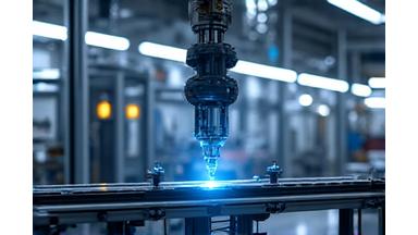 Industrial robotic arm working in a modern, clean factory setting, symbolizing Industry 4.0.