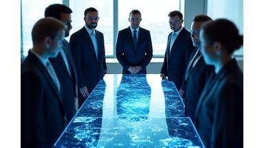 Business professionals collaborating around a holographic projection of global data, symbolizing digitized professional services.