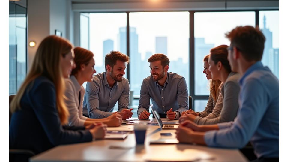 Eine vielfältige Gruppe ehrgeiziger Unternehmer, einige lächelnd, andere im Gespräch, die selbstbewusst in einem modernen, kollaborativen Arbeitsbereich stehen. Die Szene strahlt Vorwärtsdrang und Gemeinschaft aus.