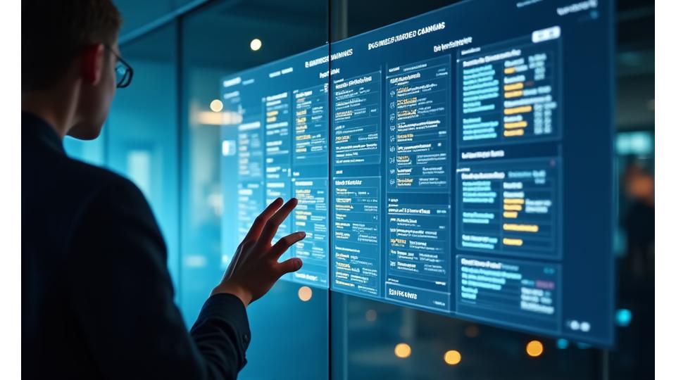Ein interaktives digitales Business Model Canvas, dessen verschiedene Abschnitte mit Datenpunkten und strategischen Erkenntnissen gefüllt werden, um den dynamischen Prozess der Geschäftsmodelliteration und -validierung zu veranschaulichen.