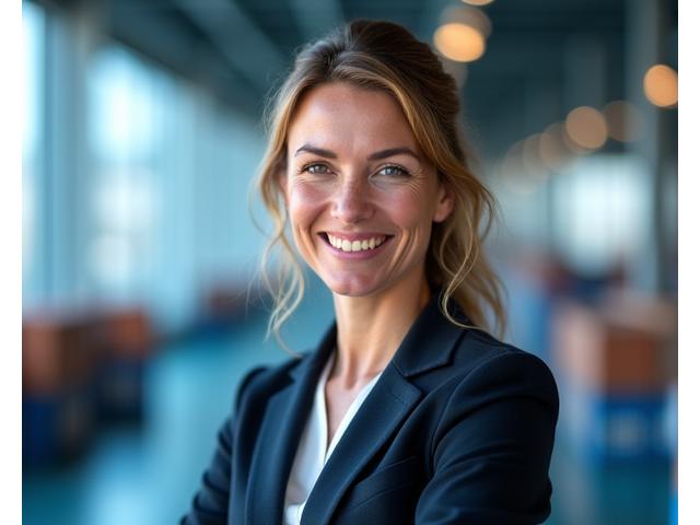 Porträt von Sophie Müller, CEO von GlobalConnect Logistics, einer dynamischen und strategischen Führungskraft in der globalen Logistik.