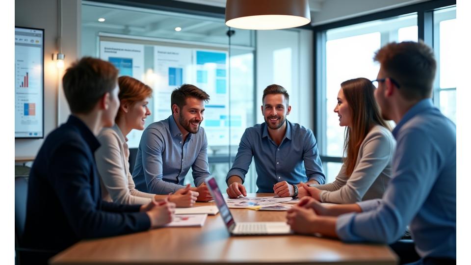 Eine vielfältige Gruppe erfahrener Wirtschaftsmentoren in einer modernen Büroumgebung, die mit einem aufstrebenden Unternehmer diskutieren. Die Atmosphäre ist kollaborativ und aufschlussreich und verkörpert Wissenstransfer und Anleitung.