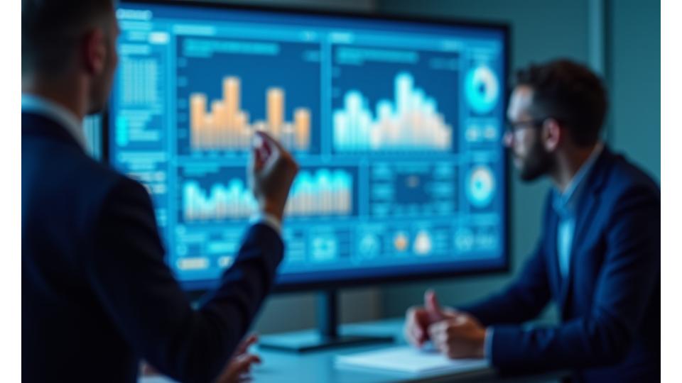 Ein modernes Dashboard, das vernetzte Datenvisualisierungen (Diagramme, Grafiken, KPIs) auf einem großen Bildschirm anzeigt, mit unscharfen professionellen Händen, die in der Nähe gestikulieren und Datenanalyse sowie Einblicke von Führungskräften symbolisieren.