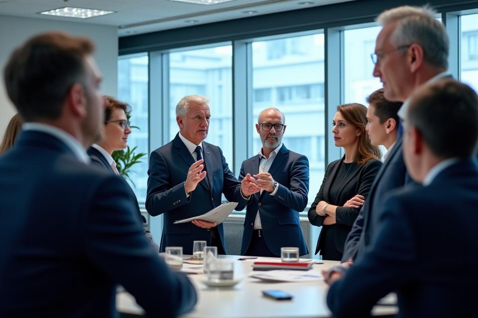 A diverse group of accomplished academics and business leaders, some mid-presentation, others in active discussion, in a professional higher education setting.