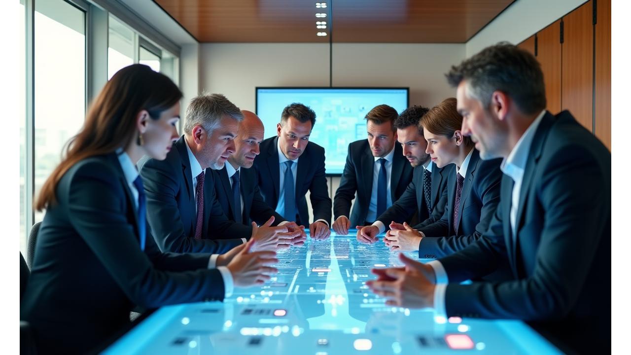 Führungskräfte in einer dynamischen, kollaborativen Weiterbildungssitzung in einem modernen, hellen Konferenzraum, die Führungsstärke und strategisches Denken demonstrieren.