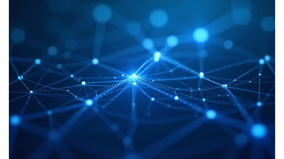 Eine abstrakte Grafik, die vernetzte strategische Pfade darstellt, mit Knoten, die Szenarienplanung, Marktanalyse und Innovationsstrategie auf einem technisch-blauen Hintergrund hervorheben.