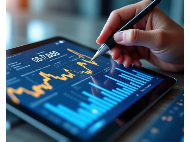 A close-up of financial graphs and charts on a tablet, with a hand pointing to a key data point, symbolizing financial analysis.