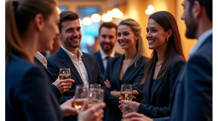 A diverse group of executives engaging in a professional networking event, symbolizing career growth and community through Flentis Akademie's programs.