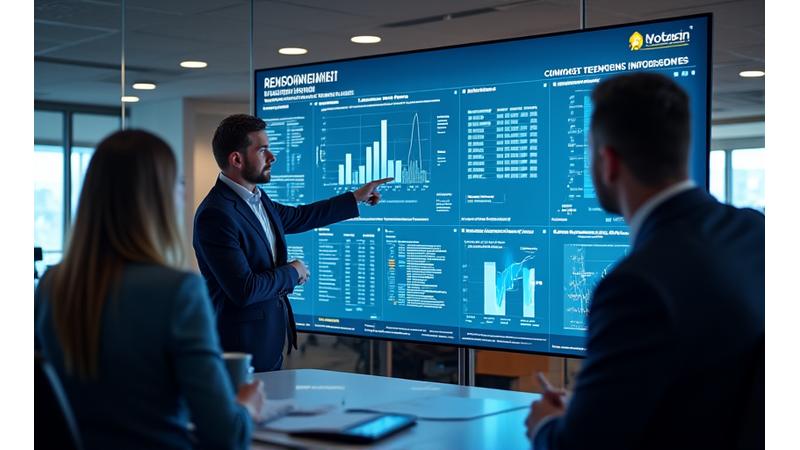 Professionals analyzing financial data on a modern dashboard, depicting strategic financial insights.