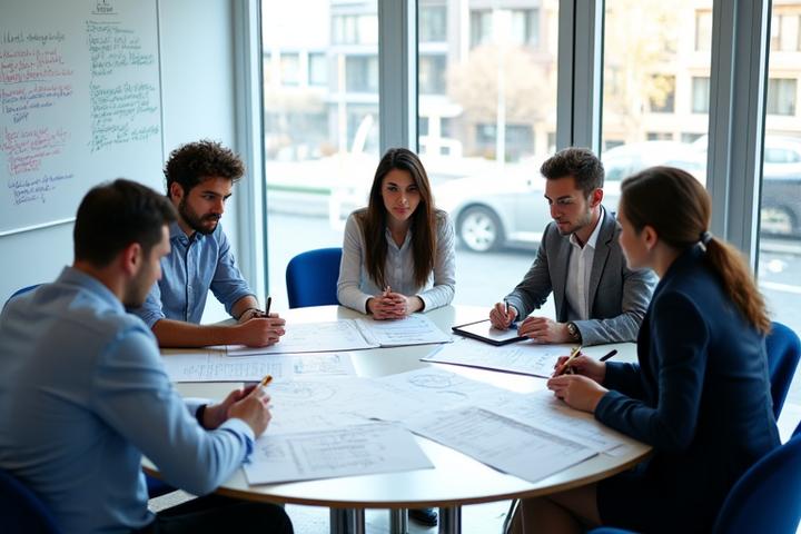 A group of diverse professionals actively discussing a financial case study in a bright, modern seminar room, with whiteboards and digital displays.