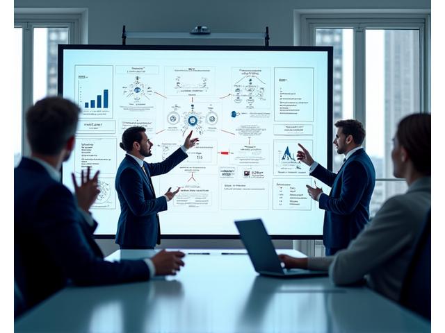 A business team collaborating around a digital whiteboard displaying a strategic financial planning framework, with various charts and graphs.