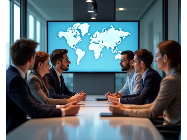 Eine vielfältige Gruppe internationaler Geschäftsleute in einer kollaborativen Umgebung, die subtil Elemente verschiedener kultureller Symbole oder Flaggen auf harmonische, moderne Weise einbezieht. Fokus auf Verbindung und Verständnis.