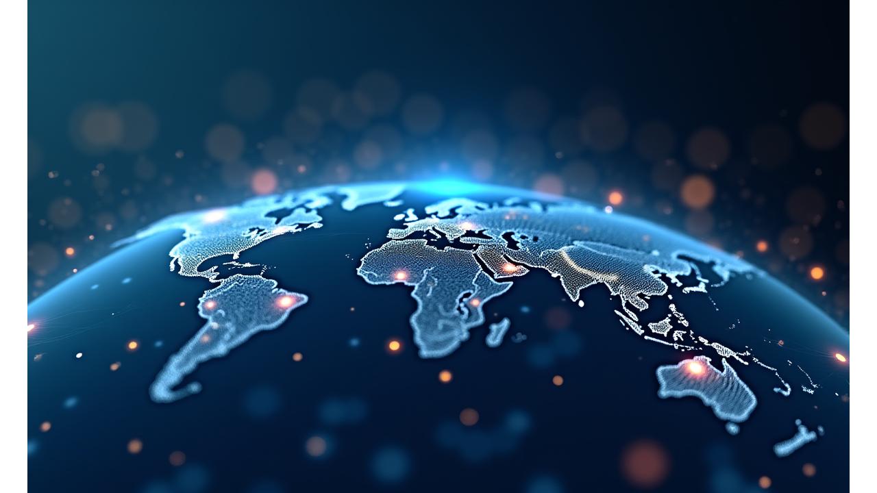 Dynamische Visualisierung globaler Markttrends und strategischer Rahmenwerke, die vernetzte Linien und Datenpunkte zeigt, die den internationalen Handel und die Finanzen repräsentieren.
