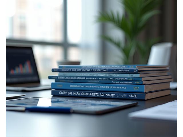 Ein Stapel moderner Geschäftsbücher oder Berichte mit Stichwörtern wie 'Globale Strategie', 'Fallstudien', 'Innovation' und 'Nachhaltigkeit' auf den Buchrücken, in einer professionellen Büroumgebung.