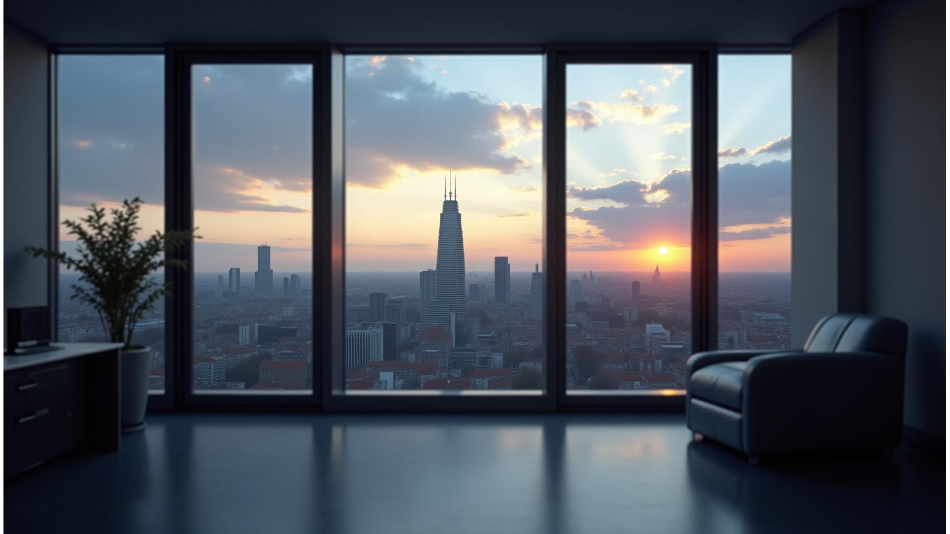 Moderne Münchner Skyline bei Sonnenaufgang durch ein anspruchsvolles Bürofenster, das Vision und Chancen für Führungskräfte symbolisiert