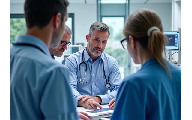 Medical professionals in a modern hospital setting, discussing patient care and technology, representing healthcare management