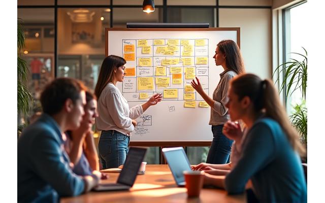 Diverse startup team collaborating in a vibrant co-working space, representing innovation and entrepreneurial spirit