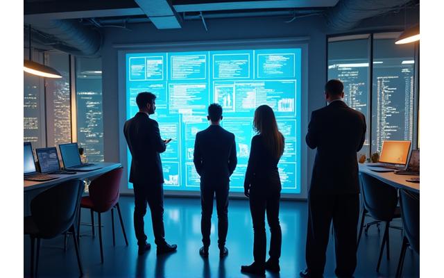 Team of diverse tech professionals collaborating on a data visualization in a futuristic office, representing digital innovation