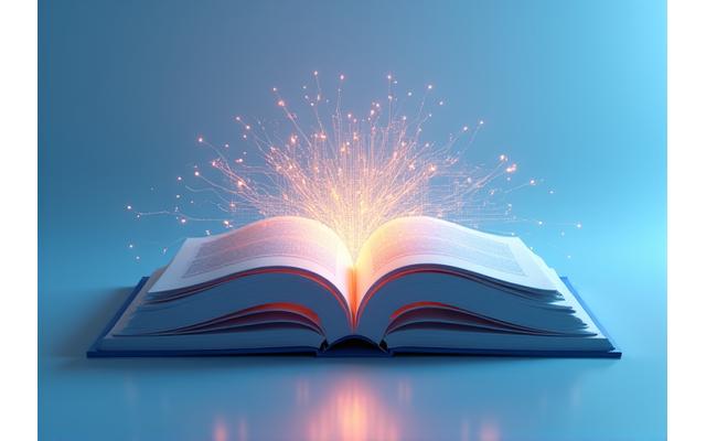 Offenes Buch mit abstraktem digitalem Design, das Wissen und digitale Führung symbolisiert