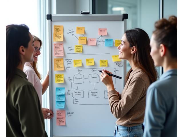 Ein diverses Team arbeitet kollaborativ an einem Whiteboard mit agilen Methoden, mit Haftnotizen und einer energiegeladenen Diskussion.