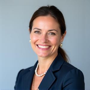 Porträt von Dr. Lena Müller, einer sehr erfahrenen und zugänglichen Führungsexpertin, die selbstbewusst lächelt.