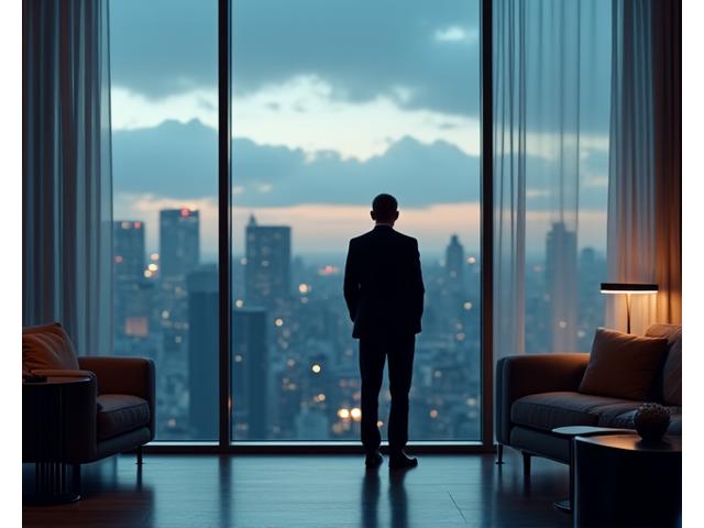 Eine Führungskraft, ruhig und gelassen, blickt aus einem Fenster auf eine stürmische Stadtlandschaft, was strategische Resilienz und das Navigieren von Herausforderungen mit Weitblick symbolisiert.