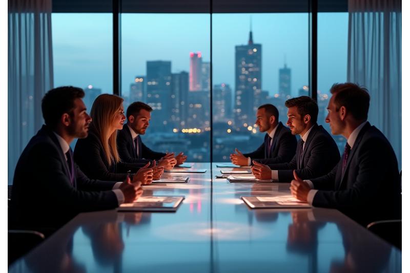 Vielfältige Gruppe von leitenden Angestellten in formeller Geschäftskleidung, die intensiv an einem modernen Konferenztisch zusammenarbeiten und strategische Diskussionen und Führung demonstrieren. Münchner Skyline durch das Fenster sichtbar.