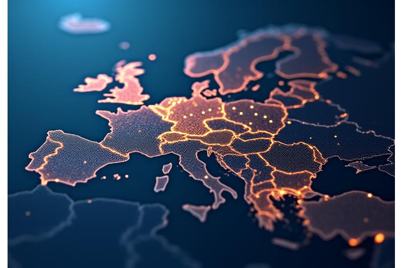 Stilisierte Netzwerkkarte über einer dezenten Karte von Deutschland und Mitteleuropa, mit leuchtenden, verbundenen Knoten, die Geschäftszentren und Alumni-Verbindungen darstellen. Fokus auf Präzision und globale Reichweite.