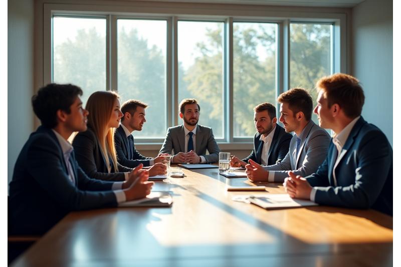Vielfältige Gruppe ehrgeiziger Geschäftsleute in einer lebhaften Diskussion in einem modernen, sonnendurchfluteten Klassenzimmer während eines MBA-Programms. Fokus auf Zusammenarbeit und intellektuellen Austausch.