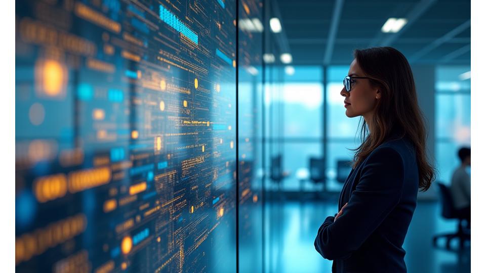 Ein Manager steht vor einer futuristischen Benutzeroberfläche, die digitale Daten und Verbindungslinien darstellt, was digitale Führung und Innovation symbolisiert.