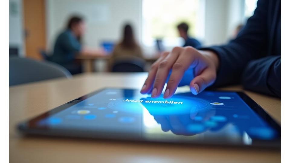 Eine Hand, die auf einem Tablet auf ein 'Jetzt anmelden' Schaltfläche tippt, mit einem leicht unscharfen Hintergrund von Personen in einer Lernumgebung, die ein Gefühl von Start und Engagement vermittelt.