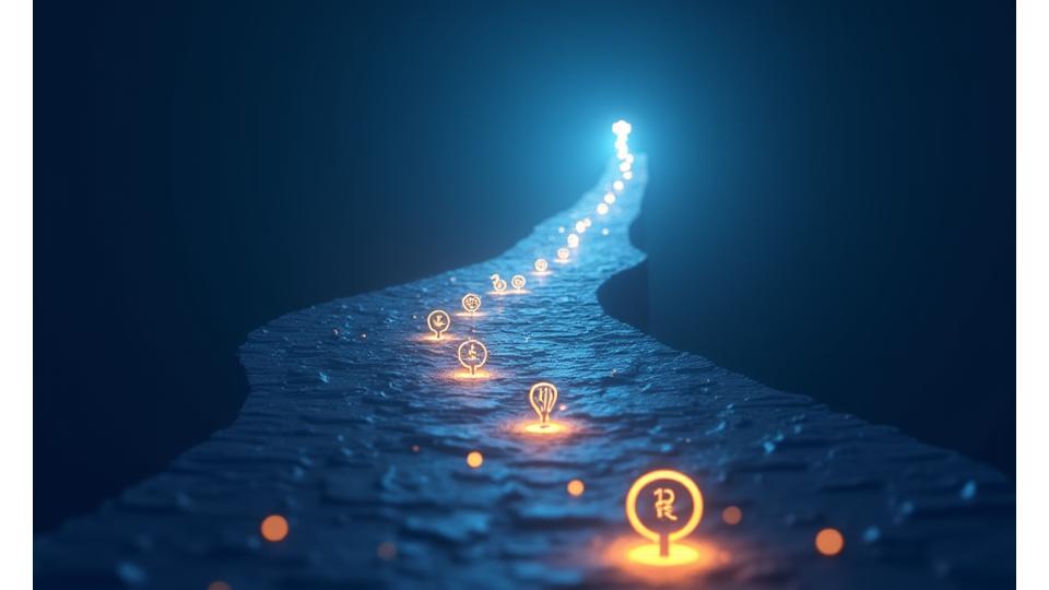 Eine Person schreitet auf einem leuchtenden Pfad voran, umgeben von Icons, die verschiedene Zertifizierungsbereiche wie Finanzen, Technologie und Führung darstellen.